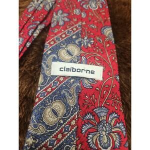 Claiborne Men's Silk Necktie Red Blue Paisley Floral Geometric Tie